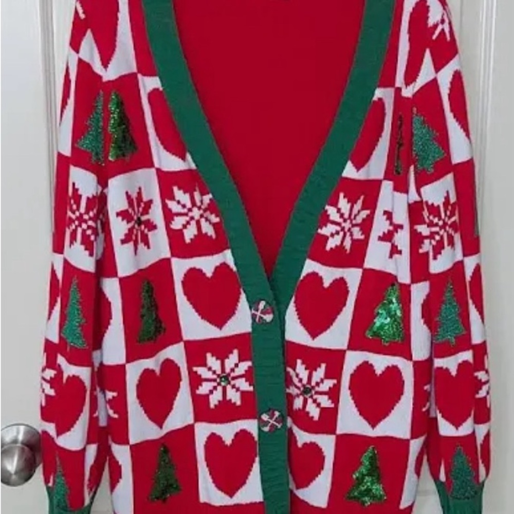 Long bnwt holiday time,cardigan with checkers bling Christmas tree, hearts bling